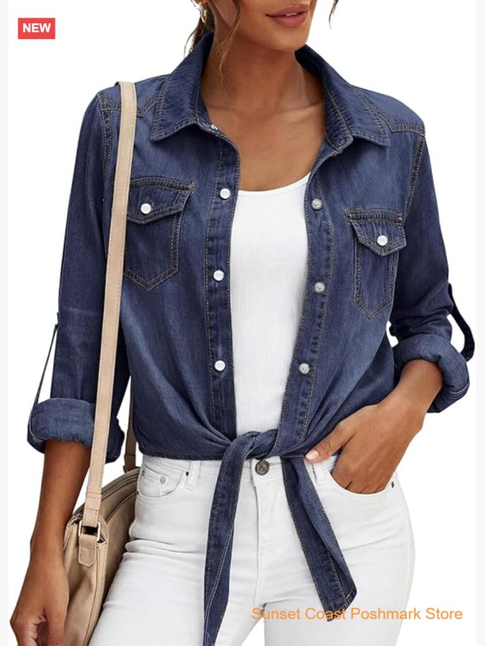 Womens Long Sleeve Button Down Denim Shirt Tie Knot Front Crop Cardigan Jacket